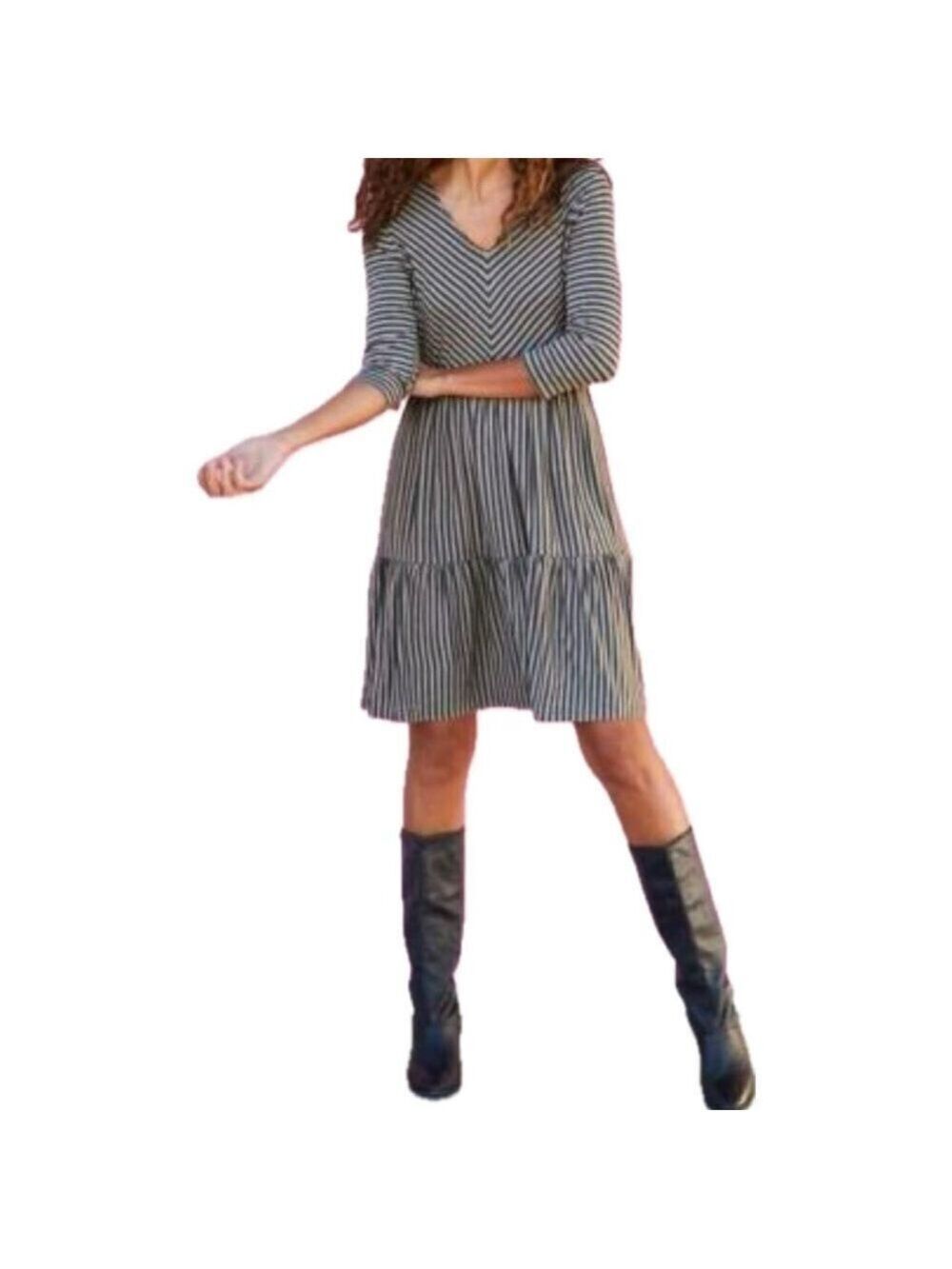 NWOT MATILDA JANE DREAM CHASER GRAY & TAUPE STRIPE V-NECK TIERED DRESS SZ M